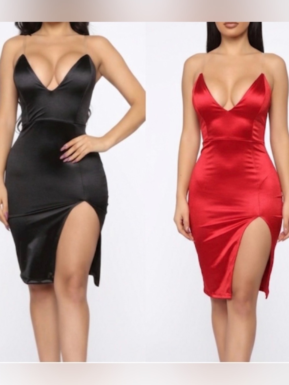 2 Fashion Nova XS Don’t Doubt Me Red Black Satin Midi Slit Dresses Mini Plunge